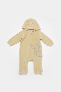 Salopeta Elefant cu maneca lunga si gluga din 80%bumbac organic si 20% poliester - Stone, BabyCosy