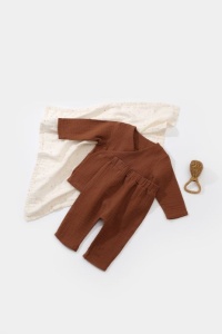 Set bluzita petrecuta si panataloni lungi din muselina, Baby Cosy, 100% bumbac organic, Caramiziu