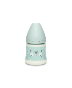 Biberon 150 ml cu tetină rotundă din silicon, debit lent, pisică verde Hygge Suavinex