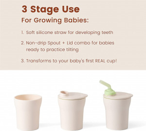Pahar cu capac si pai antrenament bebelusi Miniware 1-2-3 Sip!, 100% din materiale naturale biodegradabile, Grey
