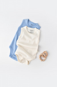 Set 2 body-uri fara maneci bebe unisex -100% bumbac organic - Ecru/Bleu, Baby Cosy