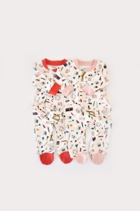 Set 2 salopetele cu maneca lunga si panataloni cu botosei si fermoar - 100%bumbac organic - Portocaliu si Pudra, Baby Cosy