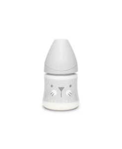 Biberon 150 ml cu tetină rotundă din silicon, debit lent, pisică gri Hygge Suavinex