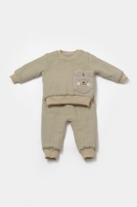 Set bluza dublata si pantaloni Ursulet, Winter muselin, 100% bumbac - Verde, BabyCosy