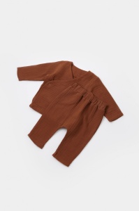 Set bluzita petrecuta si panataloni lungi din muselina, Baby Cosy, 100% bumbac organic, Caramiziu
