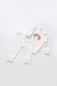 Set Curcubeu cu bluzita cu maneca lunga si panataloni lungi din 80%bumbac organic si 20% poliester - Ecru, Baby Cosy