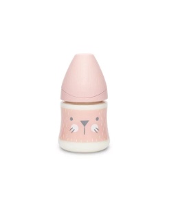 Biberon 150 ml cu tetină rotundă din silicon, debit lent, pisică roz Hygge Suavinex