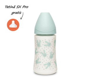 Biberon 270 ml cu tetină rotundă din silicon, 3 fluxuri, iepuraș verde Hygge Suavinex - Img 1
