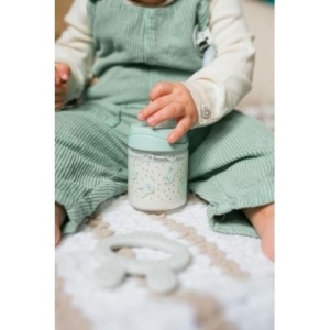 Biberon din sticlă 120 ml cu tetină rotundă din silicon, debit lent, iepuraș verde Hygge Suavinex
