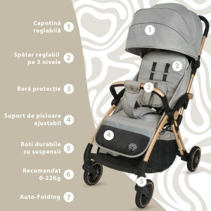 Carucior Sport AppeKids – Upp – Ultracompact, Pliere automata, De la nastere la 22kg - Powder Grey - Img 2