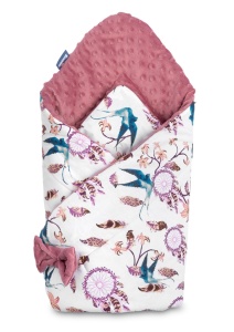 Paturica nou-nascut Sensillo Minky Wrap Retro Birds Pink 80x80 cm - Img 2