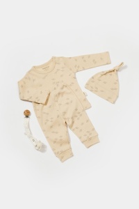 Set 3 piese:bluza, pantaloni si caciulita Printed, BabyCosy, 50% modal+50% bumbac, Stone