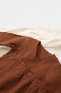 Set bluzita petrecuta si panataloni lungi din muselina, Baby Cosy, 100% bumbac organic, Caramiziu