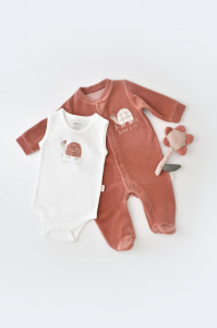 Set Broscuta cu salopeta si body din 80%bumbac organic si 20% poliester - Caramiziu, Baby Cosy