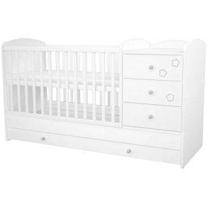 Patut copii transformabil din lemn cu 4 sertare Hubners Matei Kombi 120x60 cm alb cu stelute - Img 2