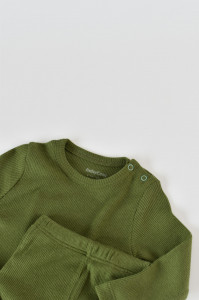 Set 3 piese: bluzita cu maneca lunga, panataloni lungi si caciulita din bumbac organic si modal - Verde, Baby Cosy