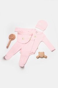 Set 4 piese:body, pantaloni, baveta si caciulita Bamboo, roz, BabyCosy, 50% bumbac+50%bambus