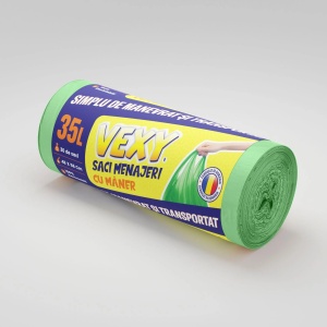 Saci menajeri HDPE cu mâner, 35 L, verzi, 30 buc./rolă – VEXY
