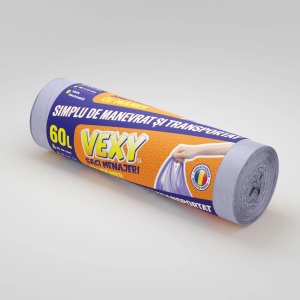Saci menajeri HDPE cu mâner, 60 L, mov, 20 buc./rolă – VEXY