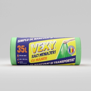 Saci menajeri HDPE cu mâner, 35 L, verzi, 30 buc./rolă – VEXY