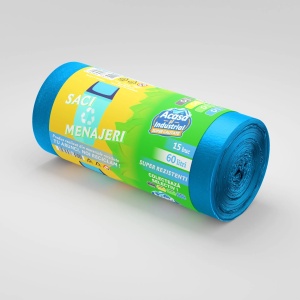 Saci menajeri rLDPE 60 L, albaștri, 15 buc./rolă – Acasă și Industrial