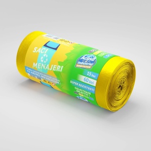 Saci menajeri rLDPE 60 L, galbeni, 15 buc./rolă – Acasă și Industrial