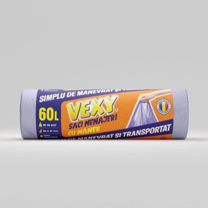 Saci menajeri HDPE cu mâner, 60 L, mov, 20 buc./rolă – VEXY
