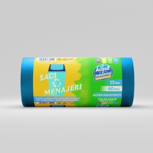 Saci menajeri rLDPE 60 L, albaștri, 15 buc./rolă – Acasă și Industrial