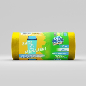 Saci menajeri rLDPE 60 L, galbeni, 15 buc./rolă – Acasă și Industrial