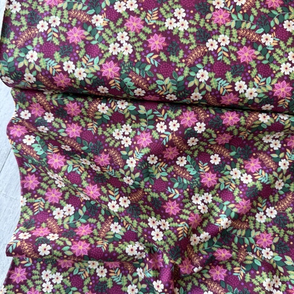 Material Craciun Poplin - Christmas Flowers Cyclam