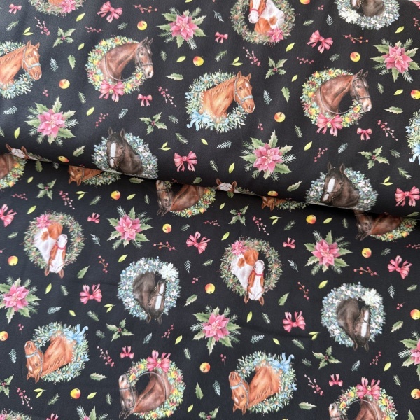 Material Craciun Poplin - Christmas Horses Black