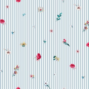 Poplin imprimat digital - Flowers and Stripes Blue - Img 1