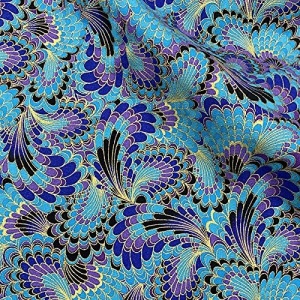 Bumbac imprimat japonez cu insertii aurii - Peacock Turquoise - Img 2