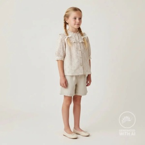 Bumbac Seersucker in carouri cu broderie - Vichy Floral Sand - Img 4