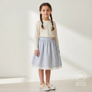Bumbac Seersucker in dungi cu broderie - Daisy Blue - Img 5