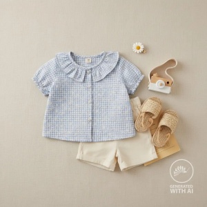Bumbac Seersucker in carouri cu broderie - Vichy Floral Blue - Img 4