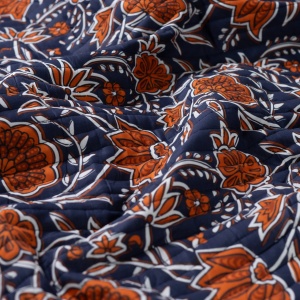 Material matlasat cu doua fete - Ethnic Flowers Blue Cognac - Img 4