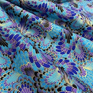Bumbac imprimat japonez cu insertii aurii - Peacock Turquoise - Img 3