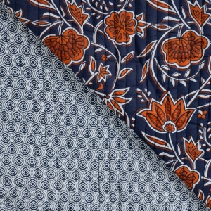 Material matlasat cu doua fete - Ethnic Flowers Blue Cognac