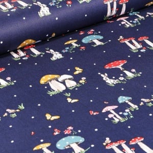 Poplin imprimat - Mushroom Village Navy