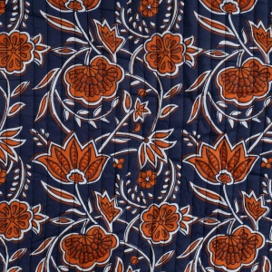 Material matlasat cu doua fete - Ethnic Flowers Blue Cognac - Img 2