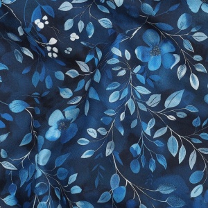Material poplin premium imprimat cu flori si frunze Albastru Cobalt