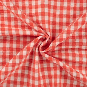 Material bumbac Seersucker Jacquard- Checks Coral White
