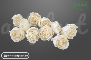 Cap trandafir sola deschis 6 cm cu petale larg desfăcute, floare decorativă albă din lemn de sola