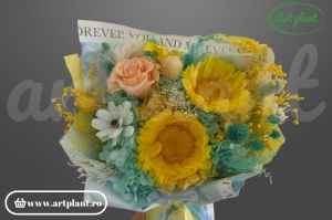 Buchet decorativ cu floarea-soarelui criogenată și flori naturale