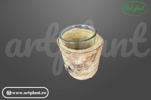 Suport rustic din trunchi de mesteacăn cu pahar sticlă montat în interior, decor natural pentru lumânări sau flori uscate – ArtPlant.ro