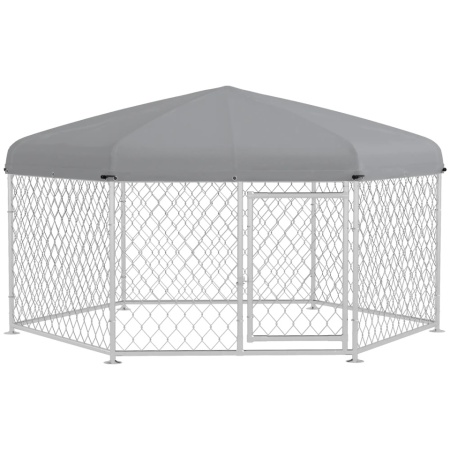 Cusca de exterior pentru caini 2,1 x 1,85 x 1,5m cu acoperis impermeabil - Argintiu