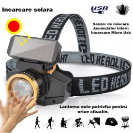 Lanterna de cap, PYRAMID®, 800 lumeni, incarcare solara, senzor miscare, zoom, pescuit, service auto, electricieni, L102