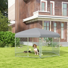 Cusca de exterior pentru caini 2,1 x 1,85 x 1,5m cu acoperis impermeabil - Argintiu