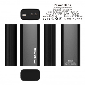 Baterie externa, aluminiu, PYRAMID® 30000 mAh, PD 65W, 2 X USB-C, 1 X USB-A QC, power bank, incarcare rapida, PY-65W
